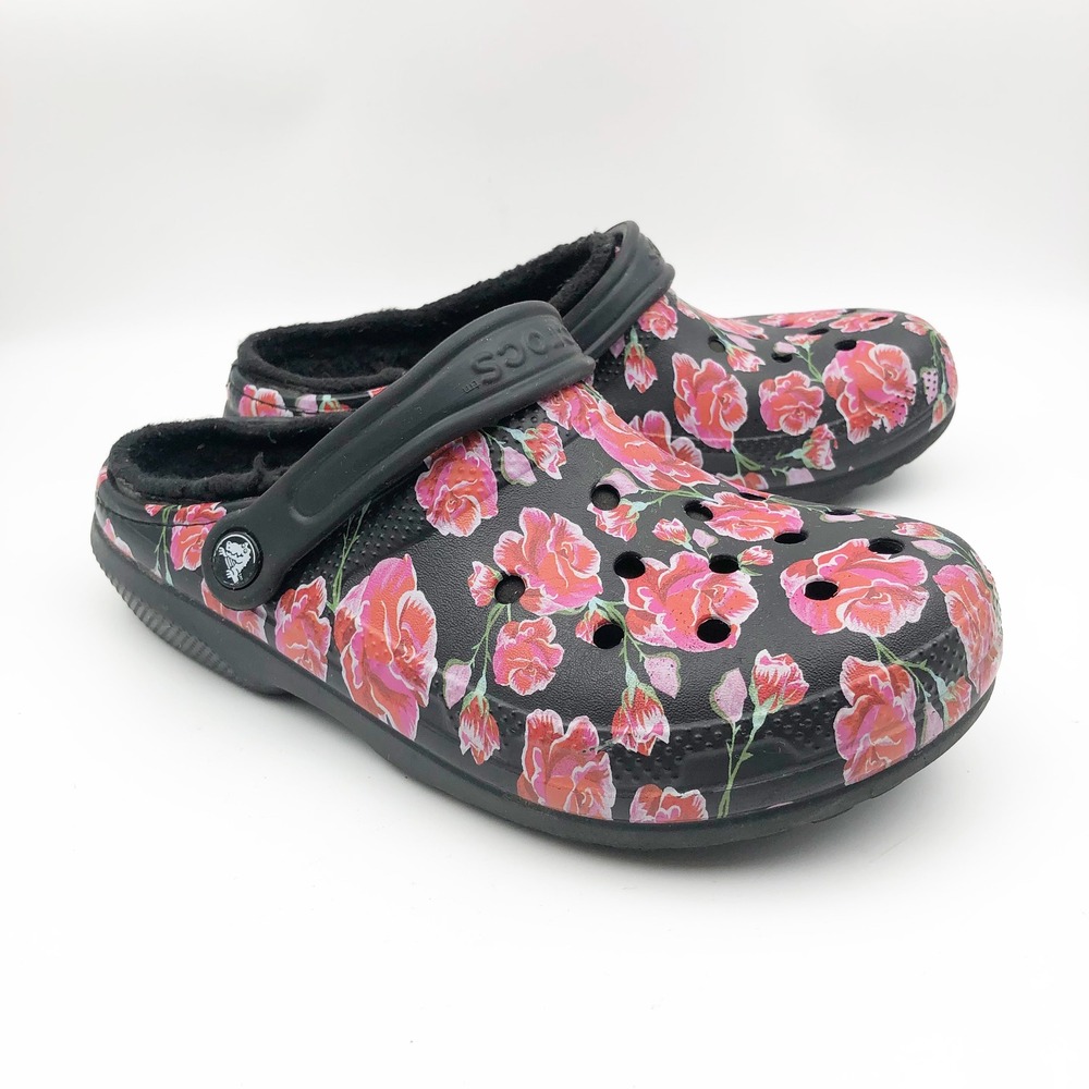 Crocs Shoes Womens 9 Classic Rubber Clogs Black Pink Rose Floral Faux Fur Lined